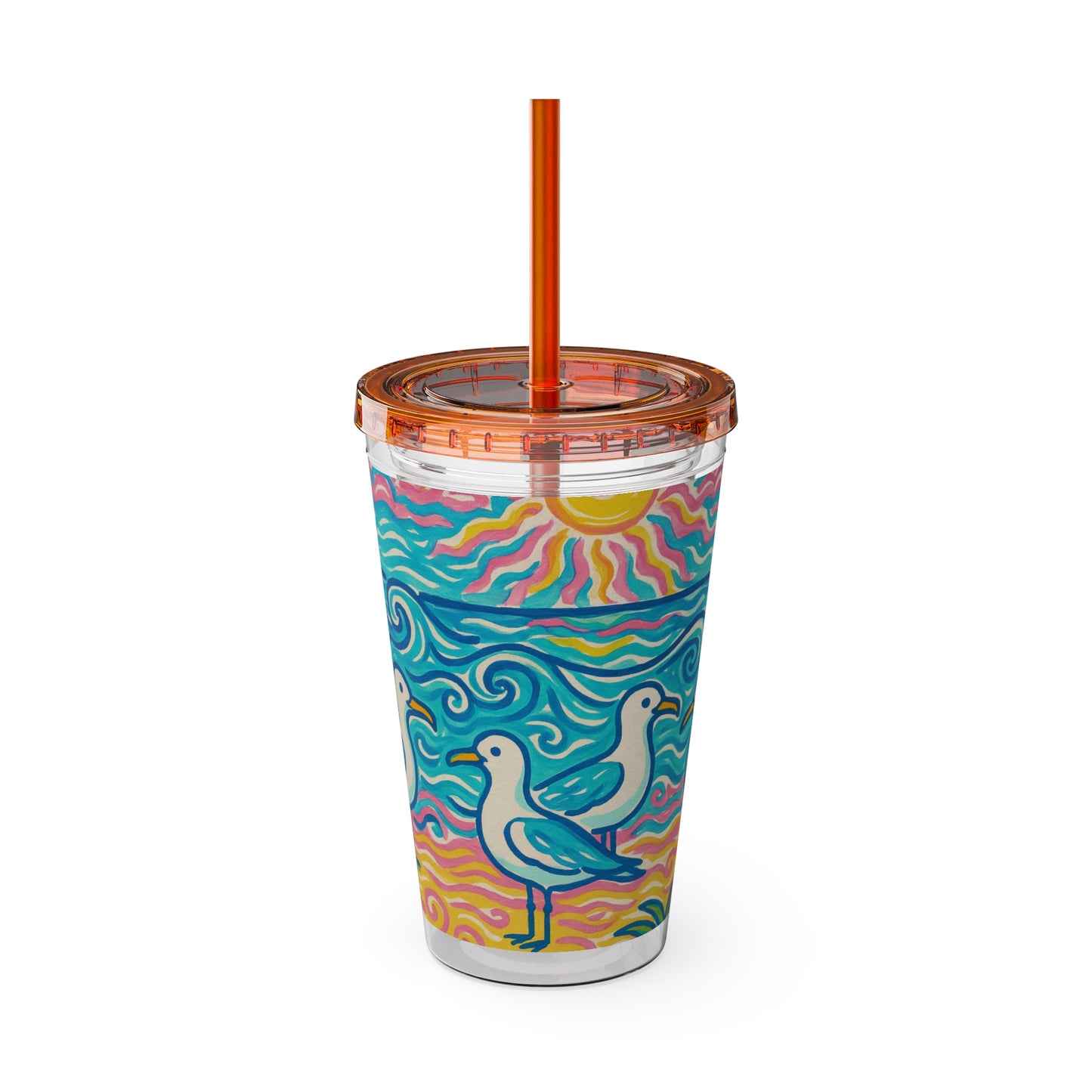 Tropical Tumbler with Straw | 16oz Colorful Travel Cup / Tropical Beach Seagulls