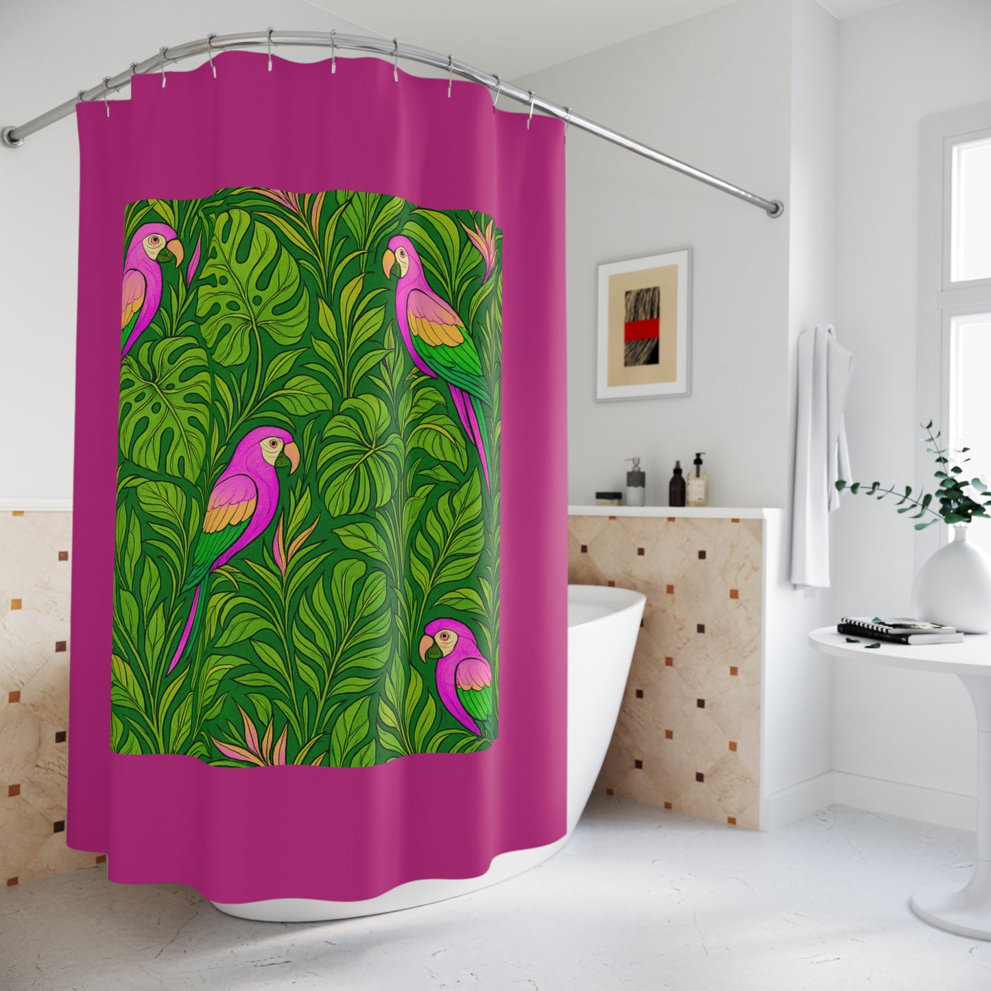 Tropical Shower Curtain - Ocean Bathroom Decor / Parrot Family/Pink, Pink