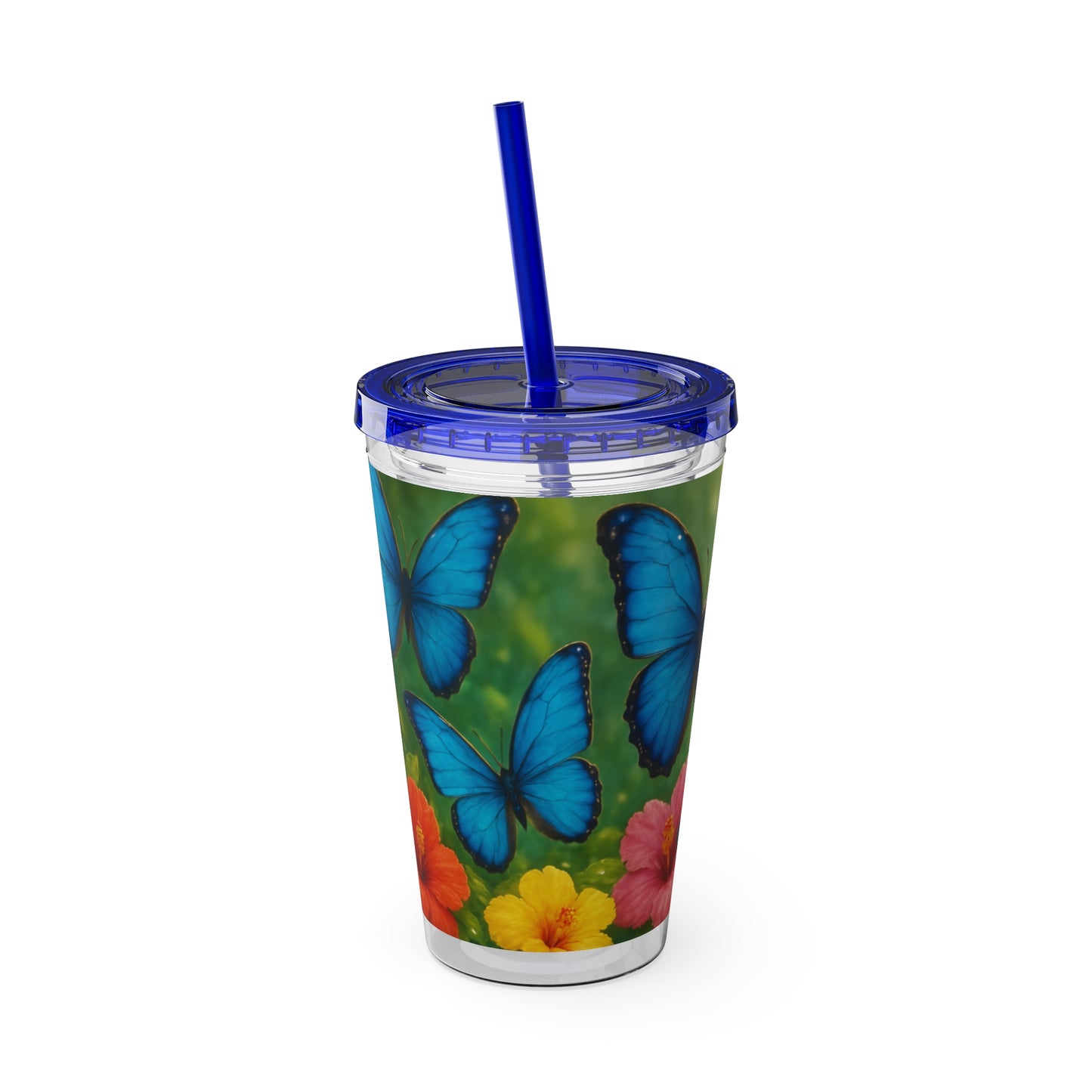 Tropical Tumbler with Straw | 16oz Colorful Travel Cup / Morpho Butterflies Flight