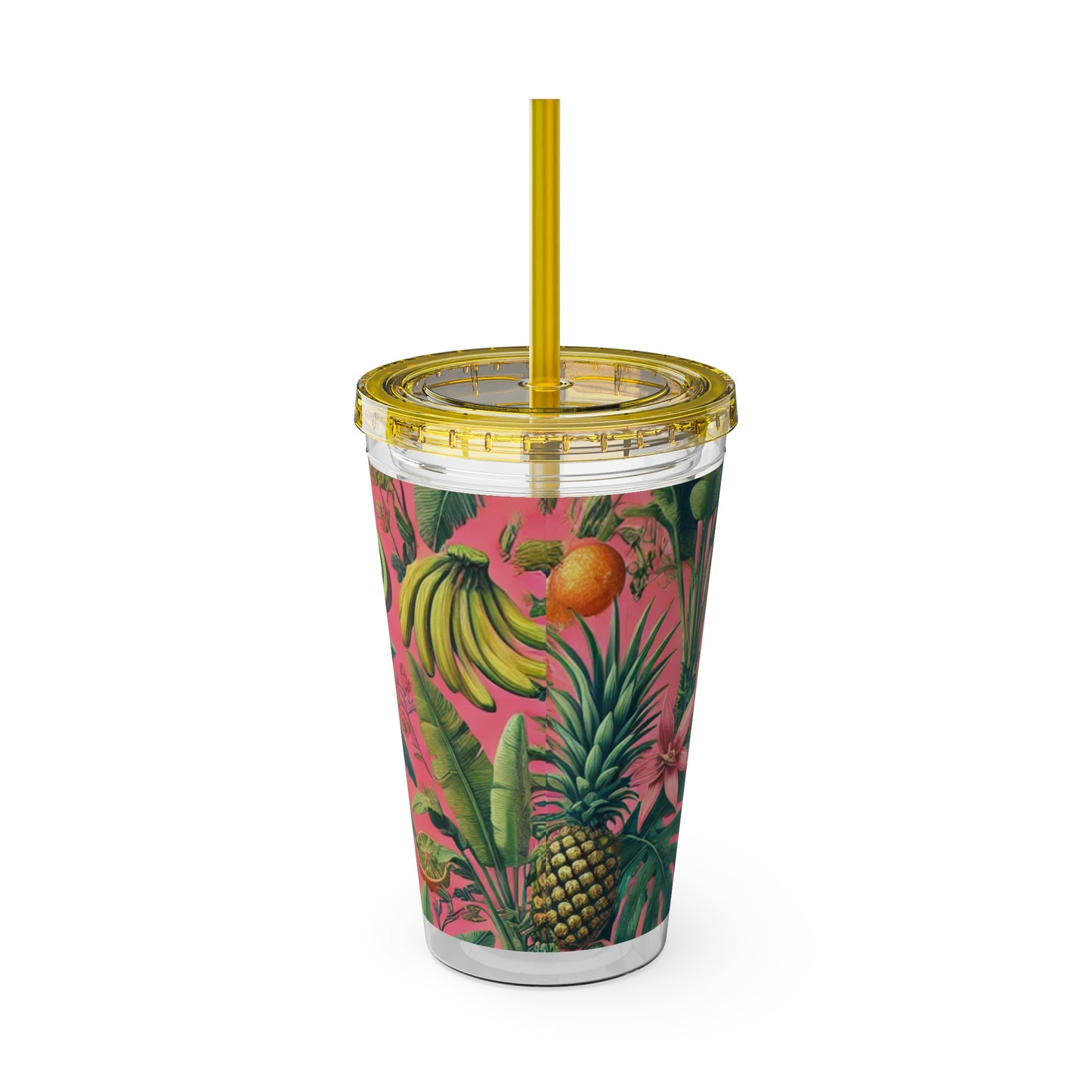 Tropical Tumbler with Straw | 16oz Colorful Travel Cup / More Tropical Fruit, Coral