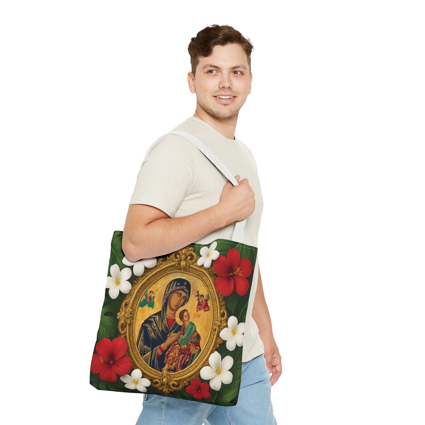 Religious Art Polyester Tote Bag, 3 Sizes / Our Lady of Perpetual Help, Red Flowers