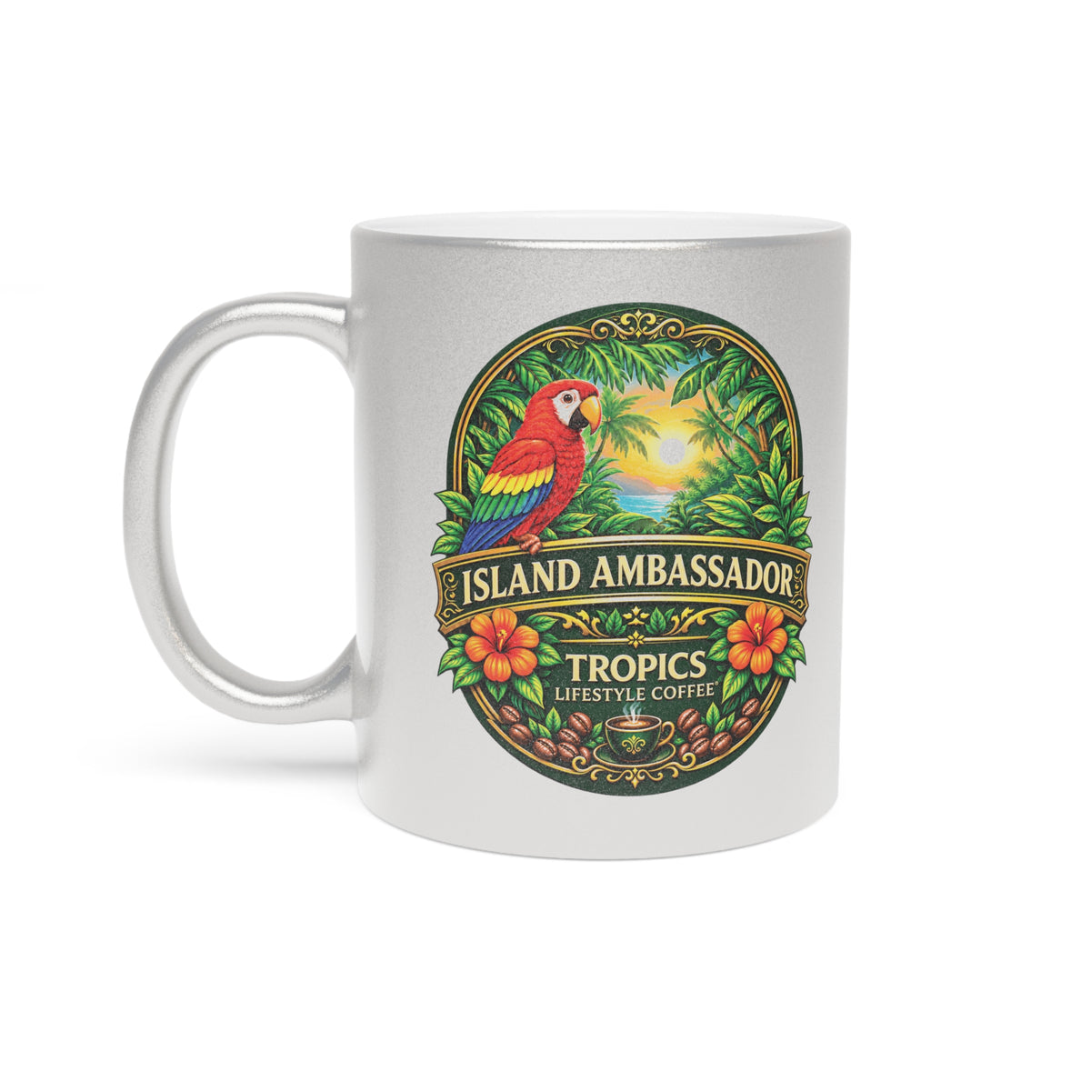 Island Ambassador Metallic Mug — Tropical Parrot Coffee Cup (Silver/Gold)