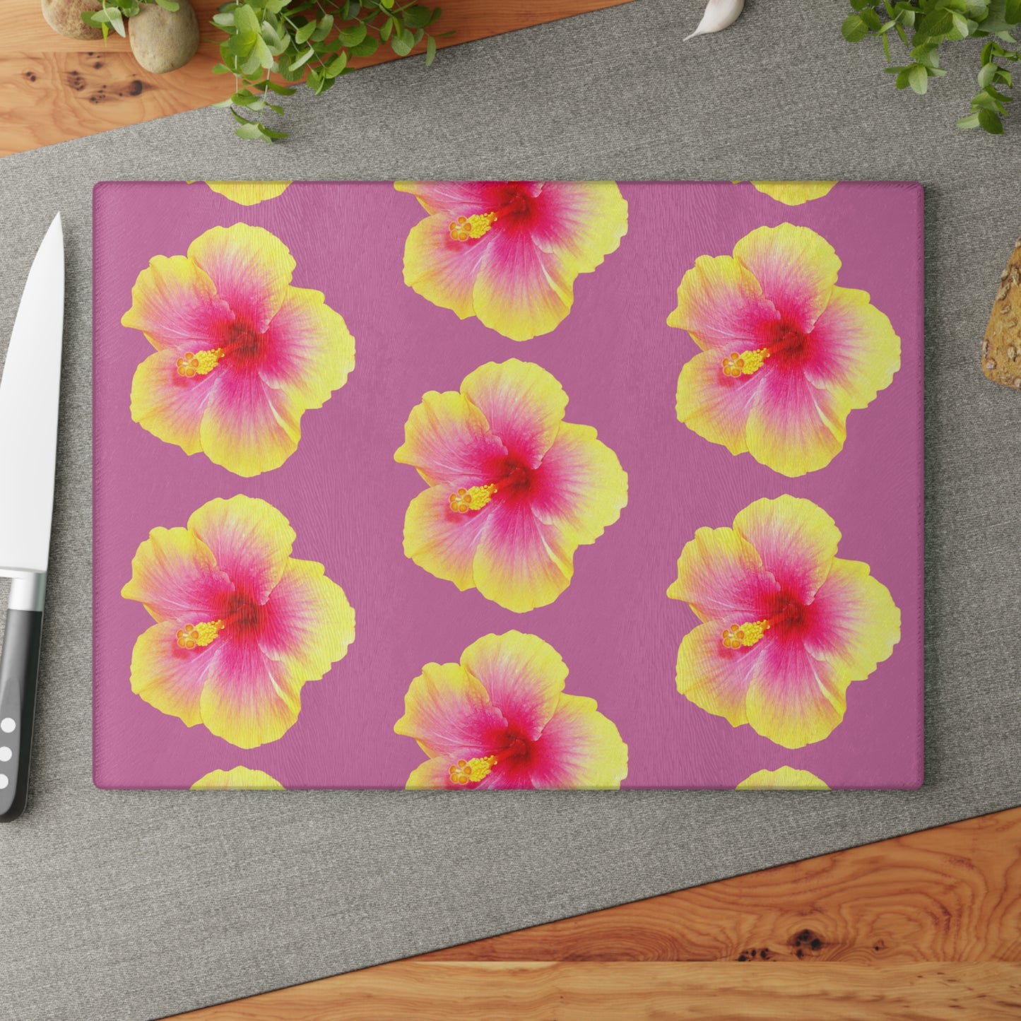 Glass Cutting Board, 2 sizes - Real Yellow & Pink Hibiscus/Lt. Pink