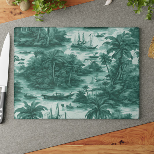 Glass Cutting Board, 2 sizes - Tropical Toile #1, evergreen