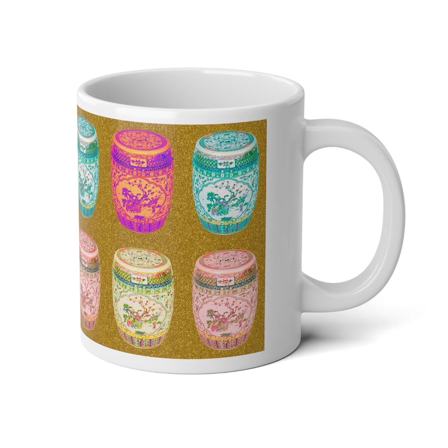Jumbo Mug, 20oz, Pop Art Porcelain Stools, Gold | Tropical Coffee Cup