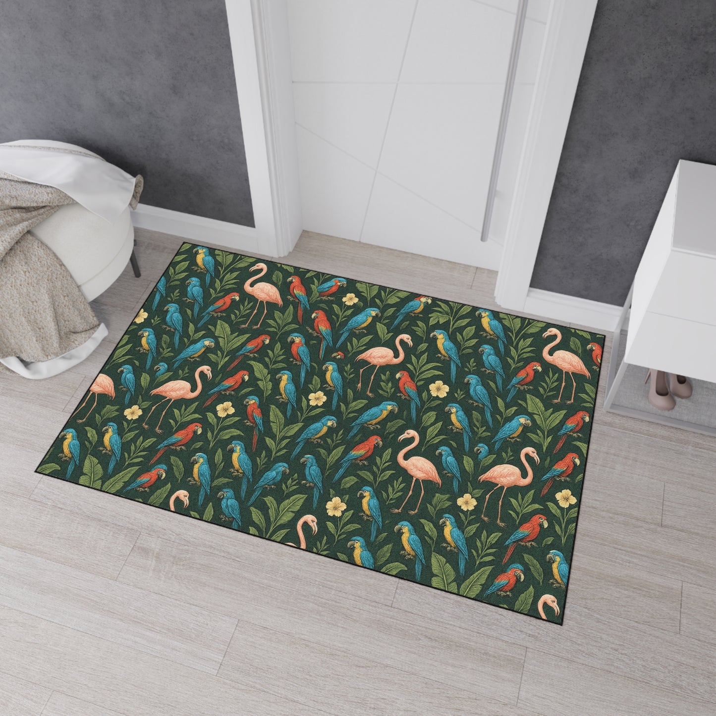 Heavy Duty Floor Mat, 5 Sizes – Tropical Area Rug for Home Décor / Flamingos and Parrots
