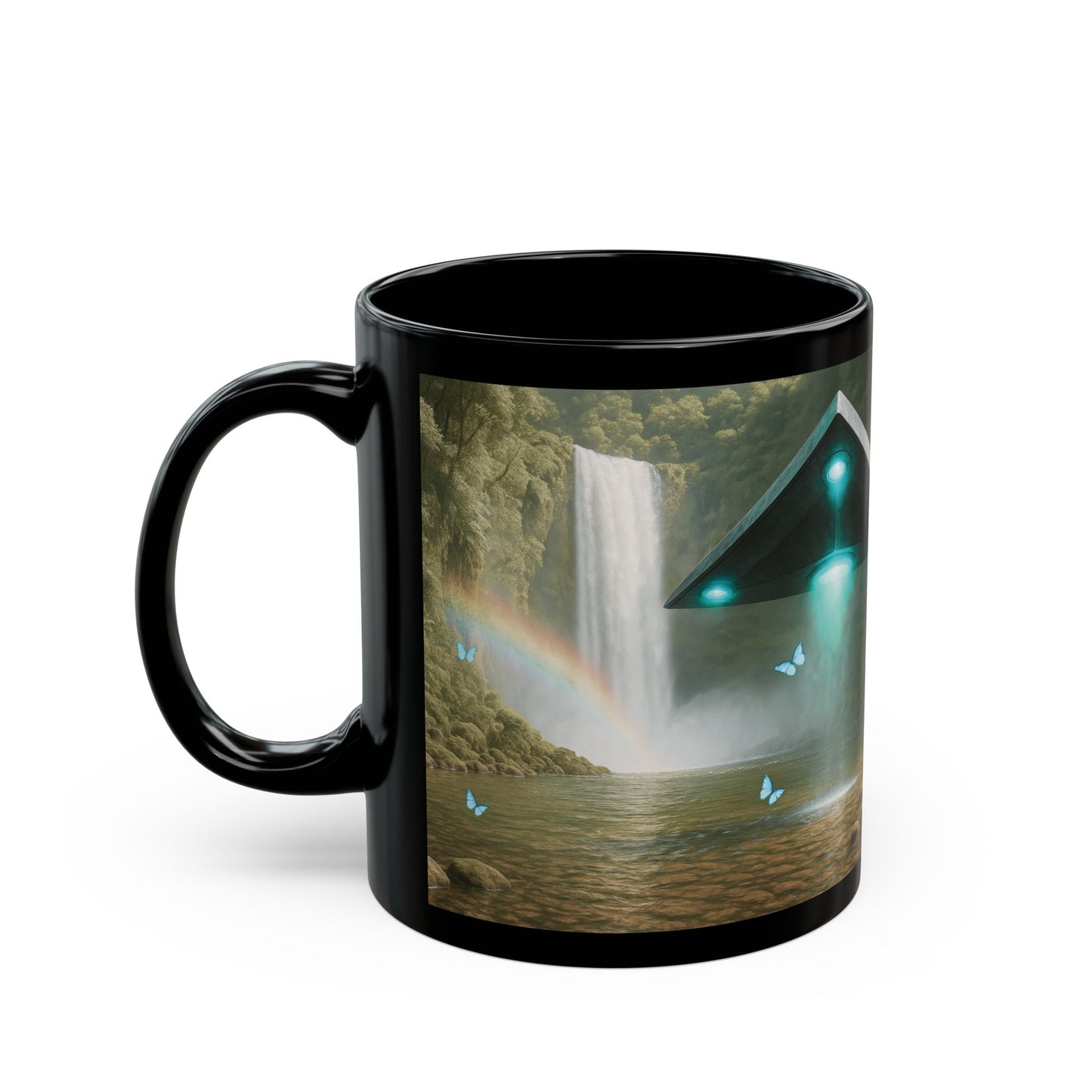 Black Coffee Mug - UFO and Waterfall