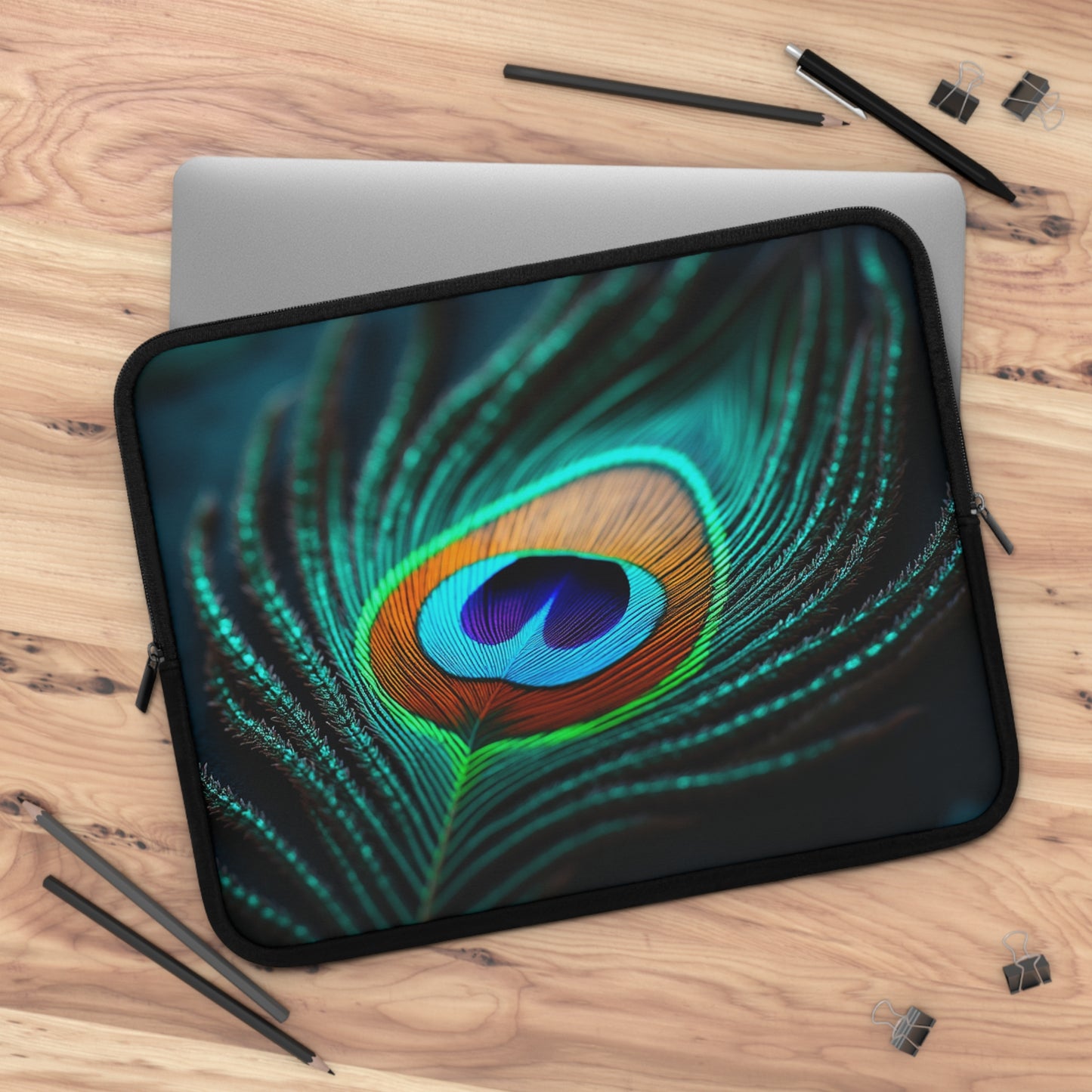Tropical Laptop Sleeve, 5 Sizes - Perfect for Rainforest Lovers & Students / Peacock Eye Feather, Turquoise