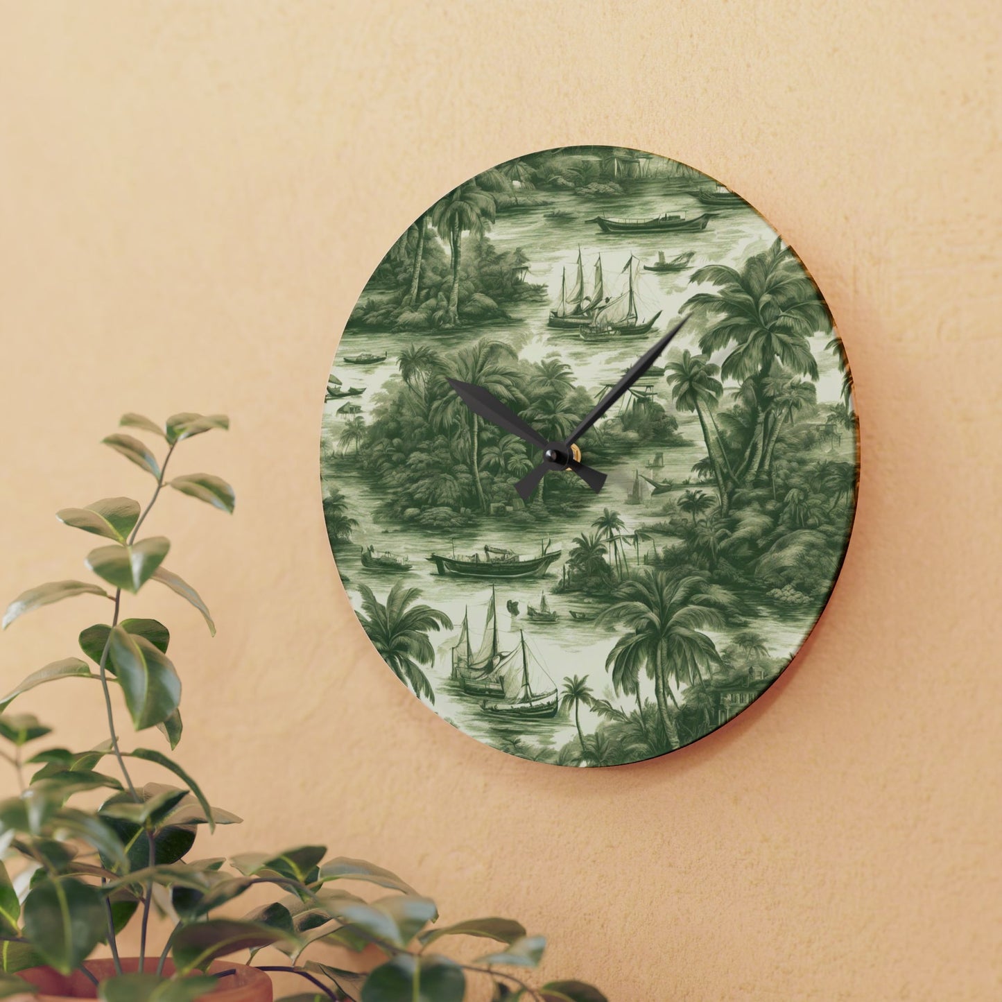 Acrylic Wall Clock, Tropical Toile #1, Green, Various Sizes