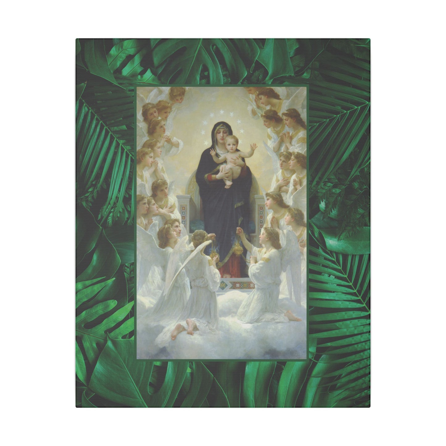 "Tropical Rainforest Our Lady With Angels" Religious Canvas Artwork - Stretched Canvas Print / Virgin Mary & Jesus