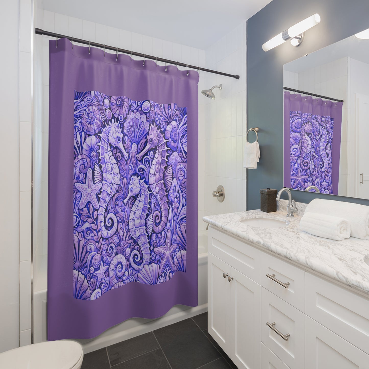 Tropical Shower Curtain - Ocean Bathroom Decor / Seahorse Trio Amethyst/Lt. Purple
