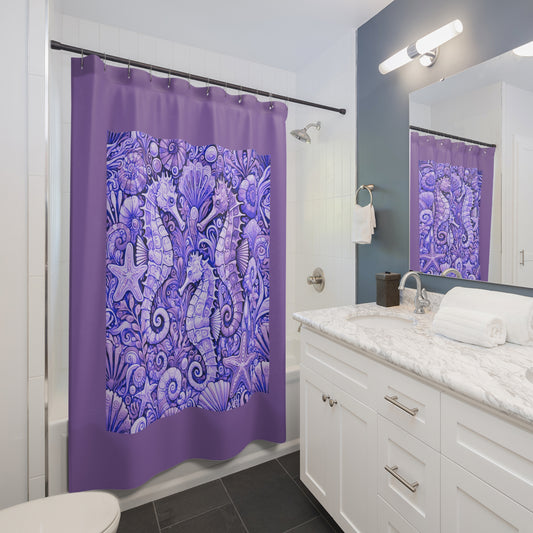 Tropical Shower Curtain - Ocean Bathroom Decor / Seahorse Trio Amethyst/Lt. Purple