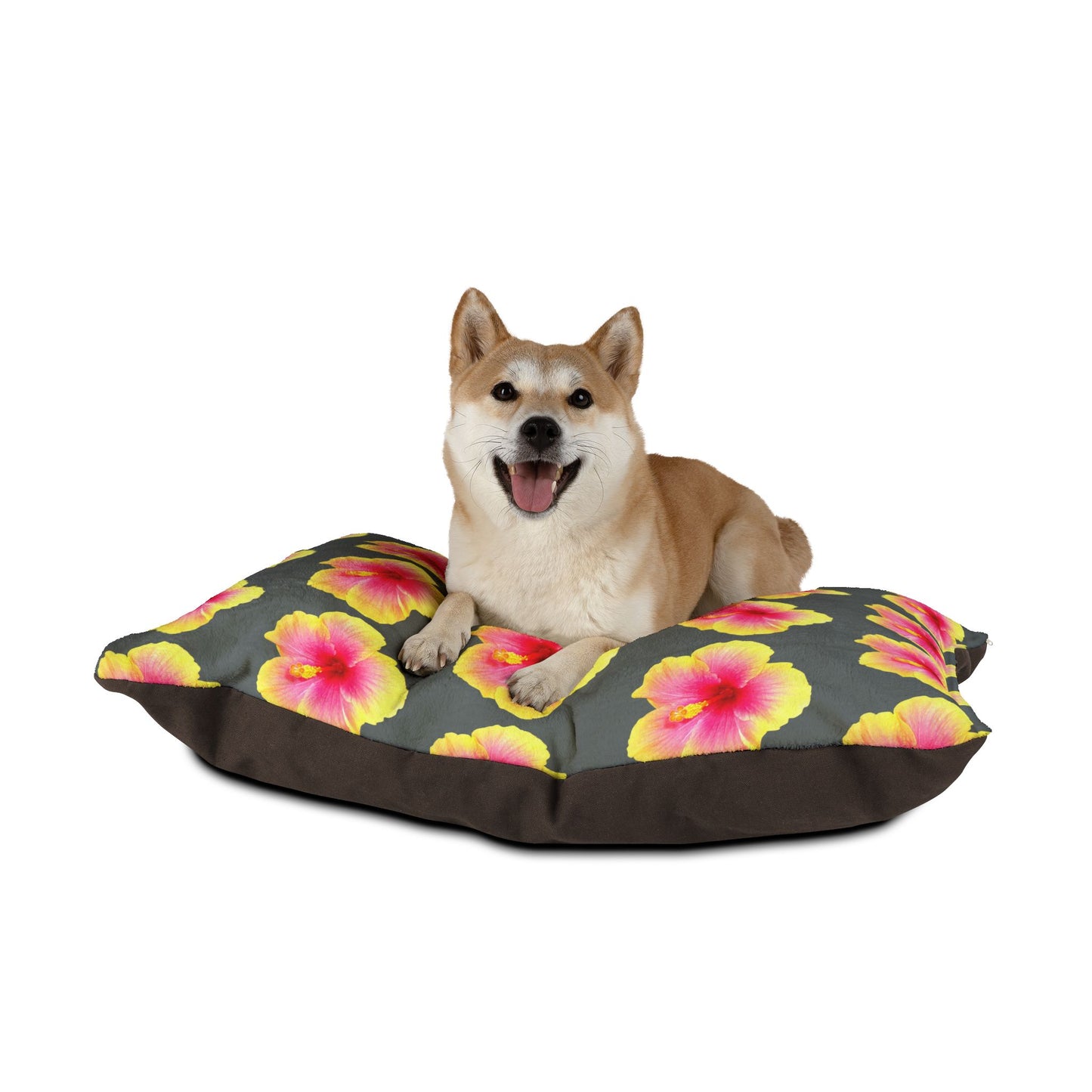 Pet Bed - Cozy and Fun Dog or Cat Bed for Beach Lovers / Real Yellow & Pink Hibiscus/Dark Grey