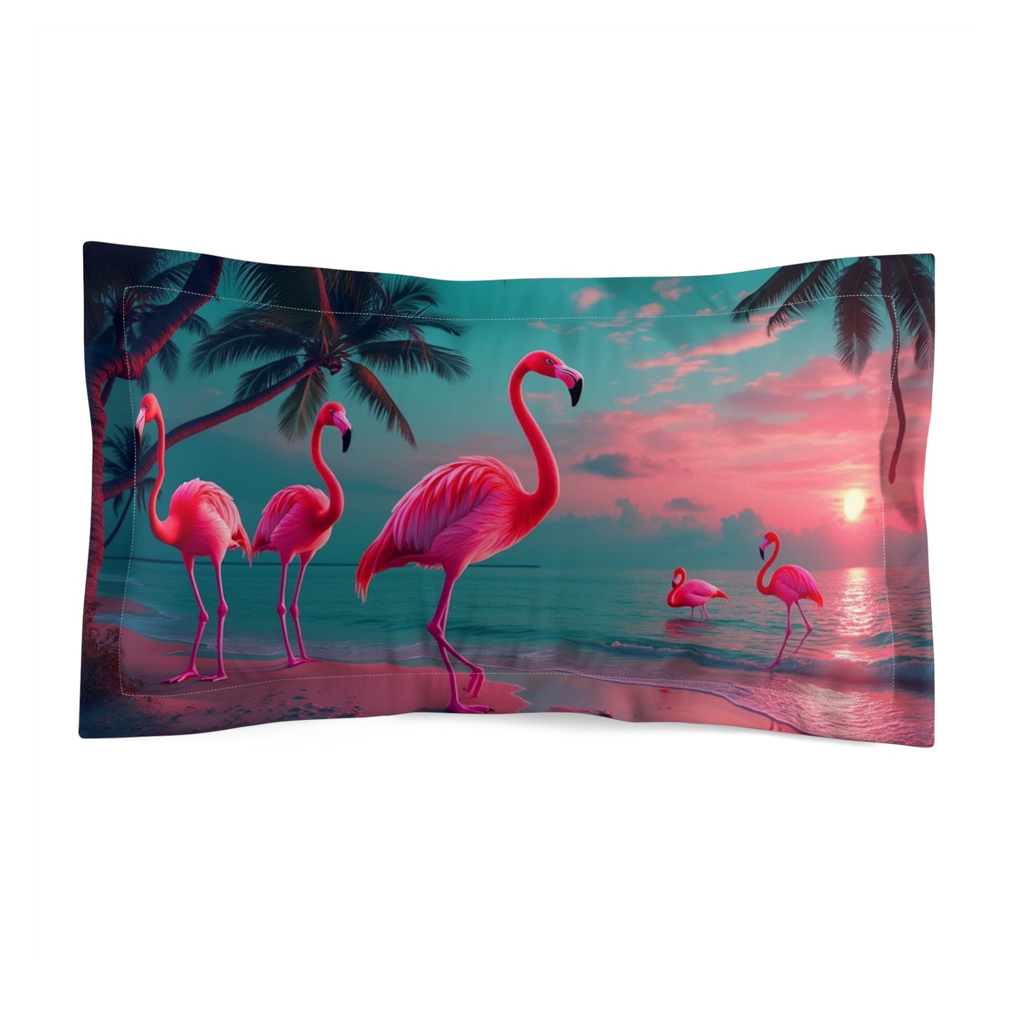Microfiber Pillow Sham, 2 Sizes | Tropical Vibes for Relaxation / Neon Flamingos at Night