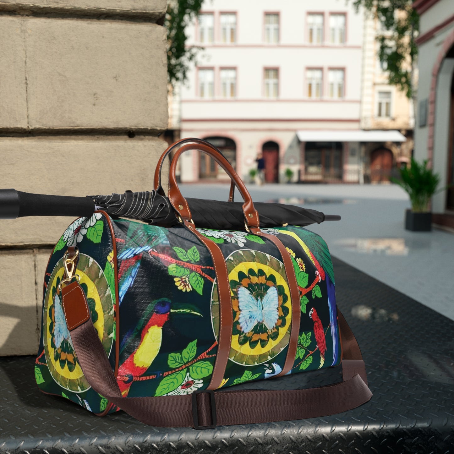 Tropical Waterproof Travel Bag - Perfect for Beach Getaways / Parrots and Butterflies Photo Art