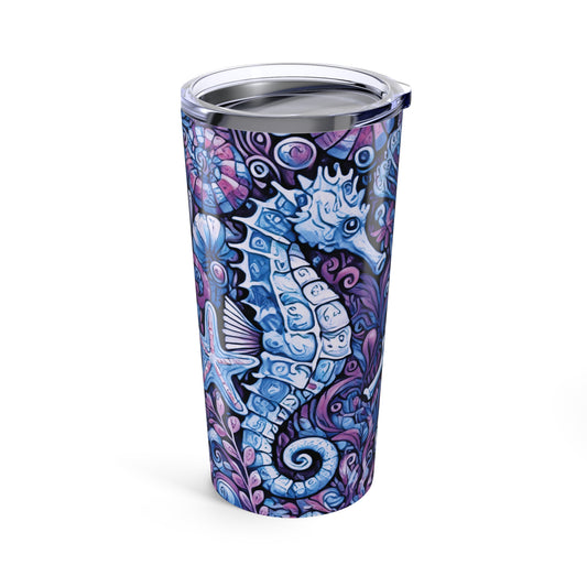 20oz Tropical Glossy Tumbler, Stainless Steel / Seahorse Trio, Blue