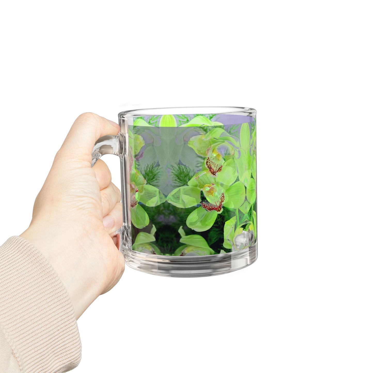 Kaleido Green Orchids Glass Mug - 10oz, Perfect for Flower Lovers