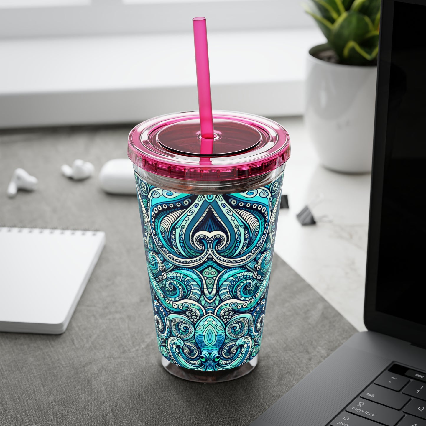 Tropical Tumbler with Straw | 16oz Colorful Travel Cup / Aqua Octopus