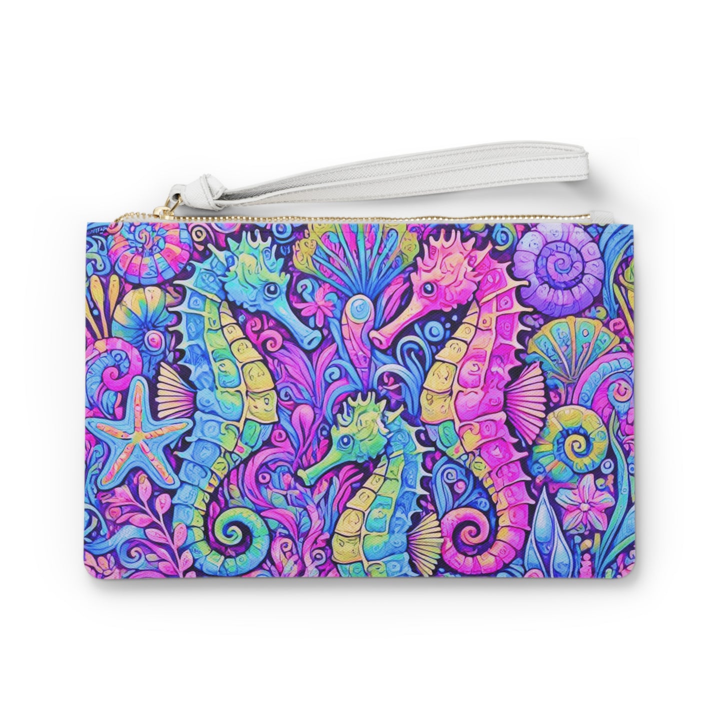 Tropical Faux Leather Clutch Bag - Perfect for Beach Adventures & Summer Vacations / Seahorse Trio, Fantasy Pop