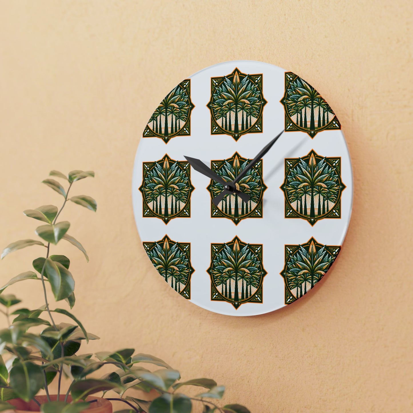 Acrylic Wall Clock, Deco Palms brown/green