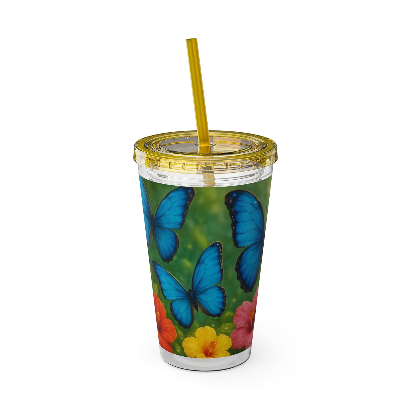 Tropical Tumbler with Straw | 16oz Colorful Travel Cup / Morpho Butterflies Flight
