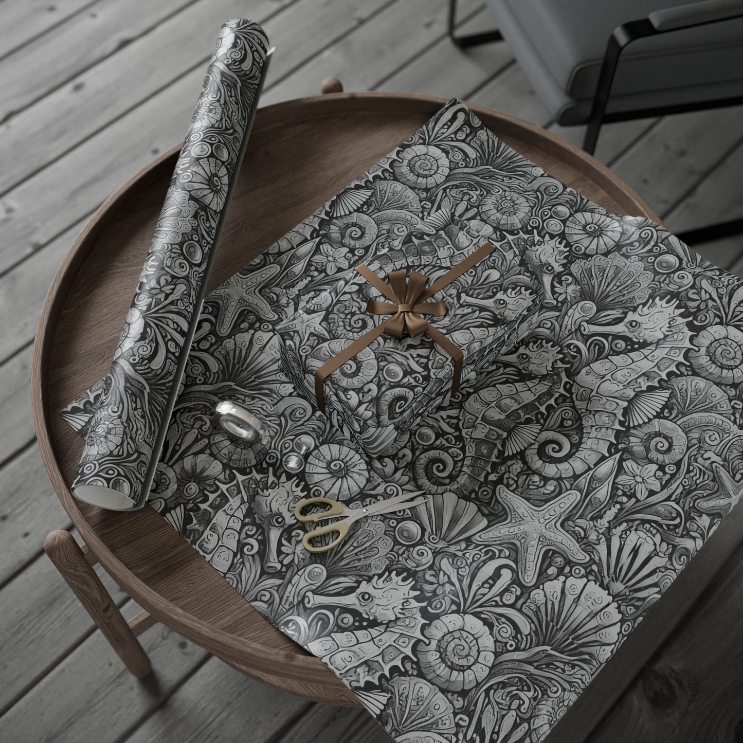 Wrapping Paper - Tropical Gift Wrap for All Occasions, 3 Sizes/2 Finishes / Seahorses Noir