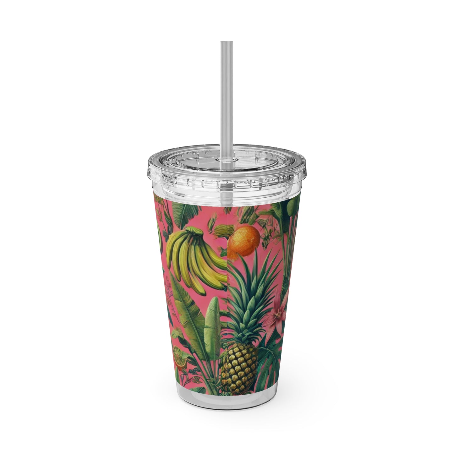 Tropical Tumbler with Straw | 16oz Colorful Travel Cup / More Tropical Fruit, Coral