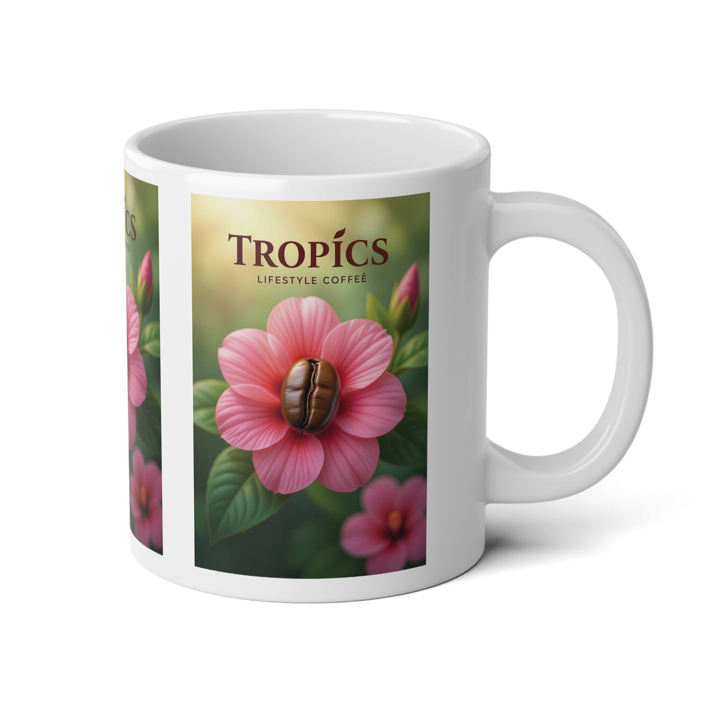 Jumbo Mug, 20oz, Pink Flower/Bean TLCoffee Logo | Tropical Coffee Cup