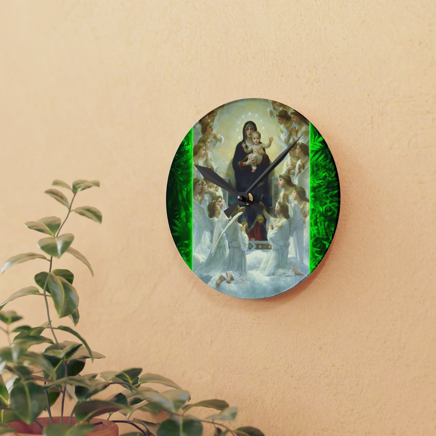 "Tropical Glow Our Lady Mary With Angels" Acrylic Wall Clock - Elegant Religious Decor for Home and Office