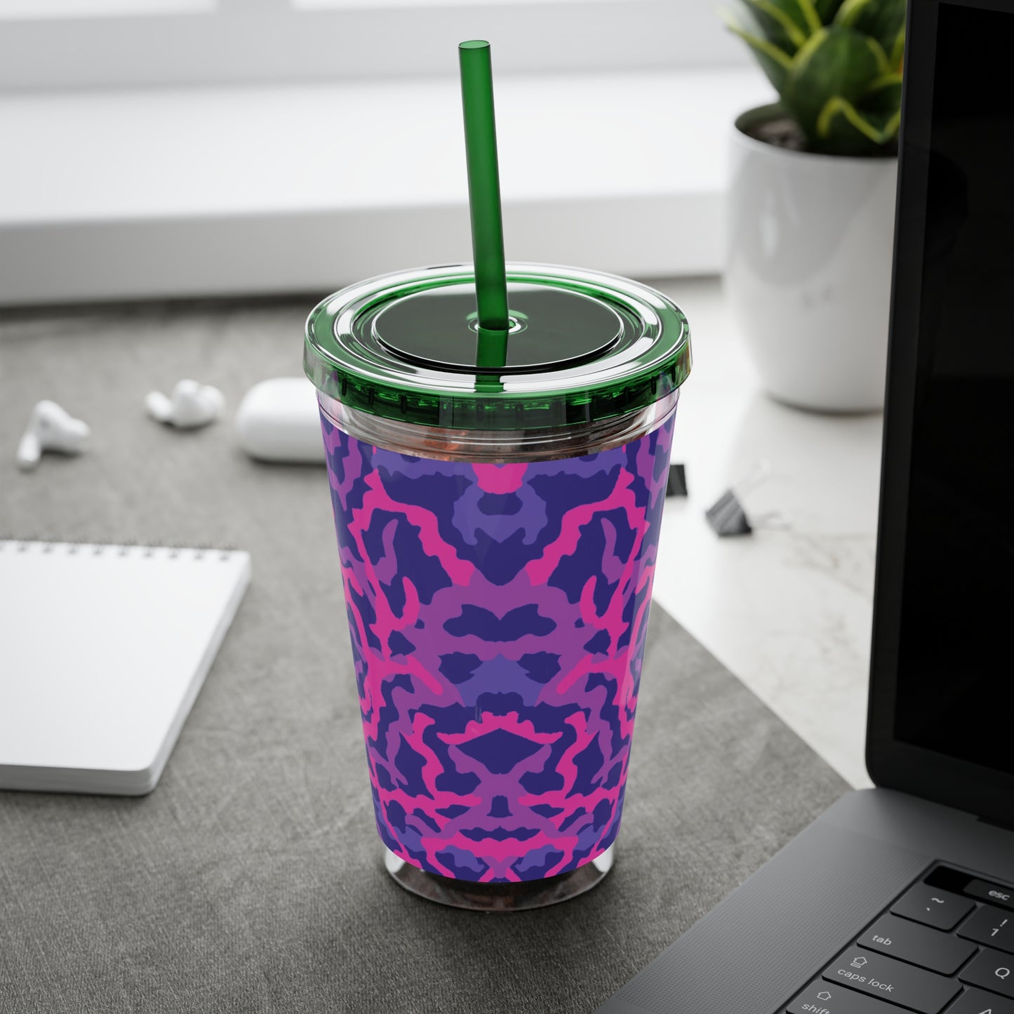 Tropical Tumbler with Straw | 16oz Colorful Travel Cup / Coral Threads, Heatwave