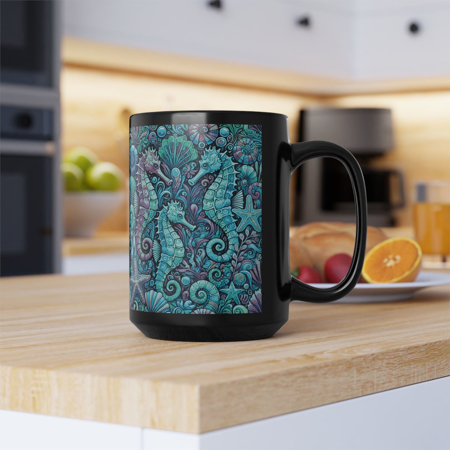 Black Coffee Mug - Seahorse Party, Turquoise
