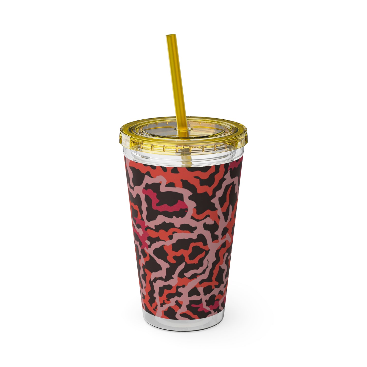 Tropical Tumbler with Straw | 16oz Colorful Travel Cup / Coral Threads, Red