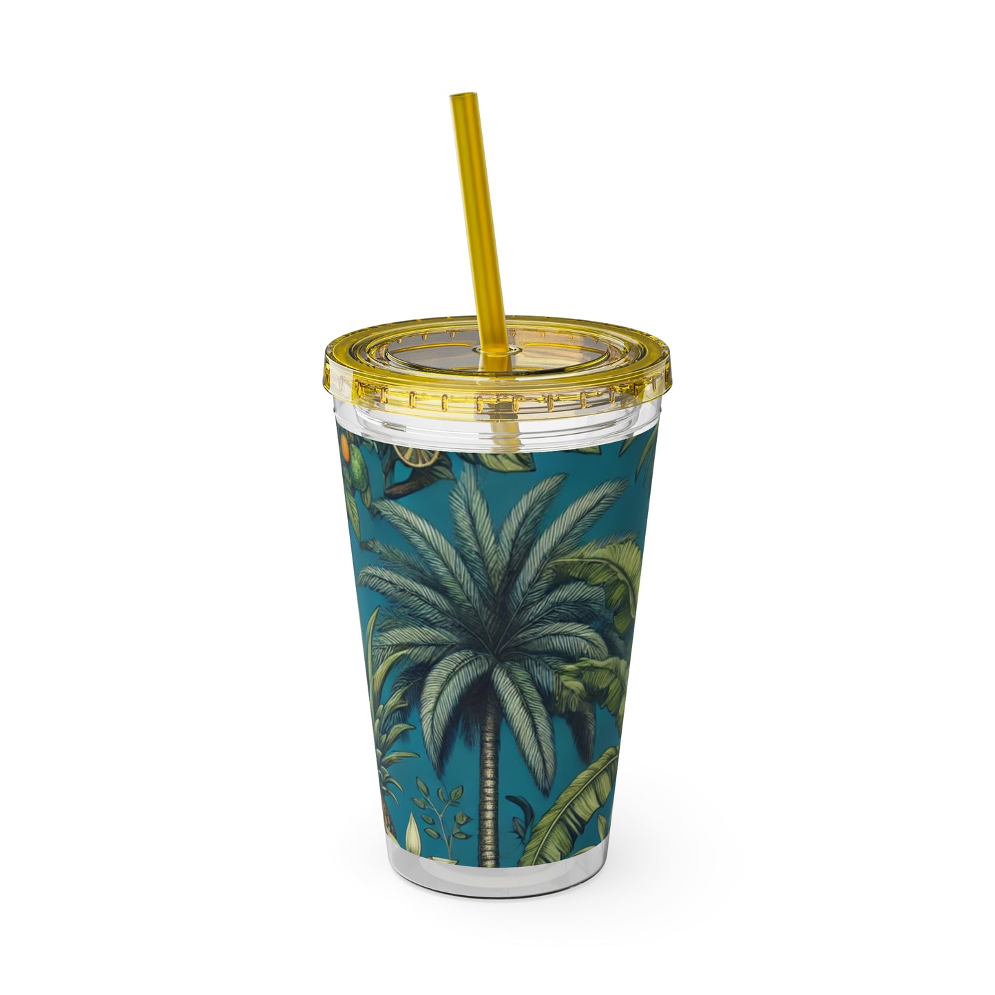 Tropical Tumbler with Straw | 16oz Colorful Travel Cup / Tropical Fruit Blue