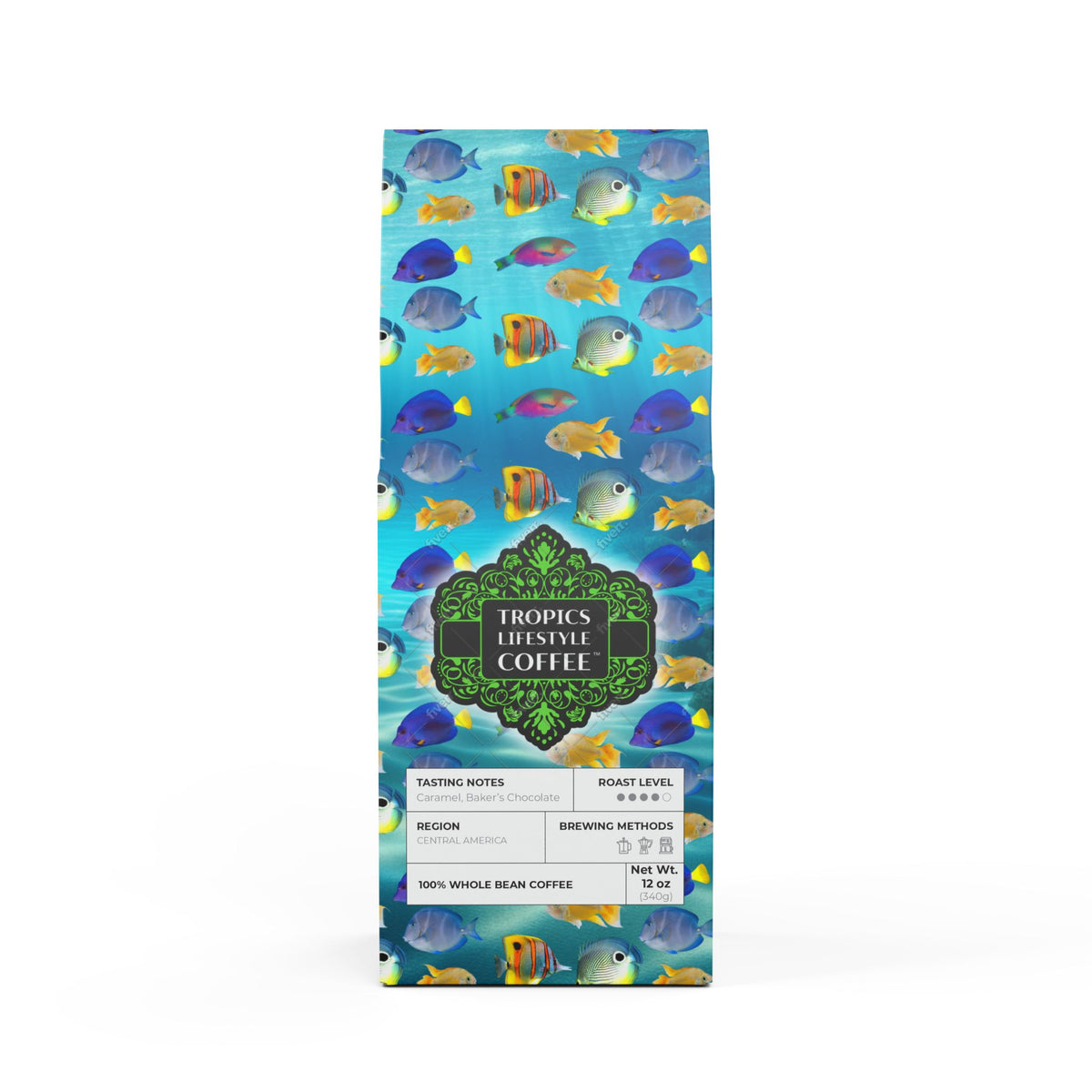 Cocoa Palms Blend™ (Medium-Dark Roast) Specialty Grade Craft Coffee / School of Fish, Ocean
