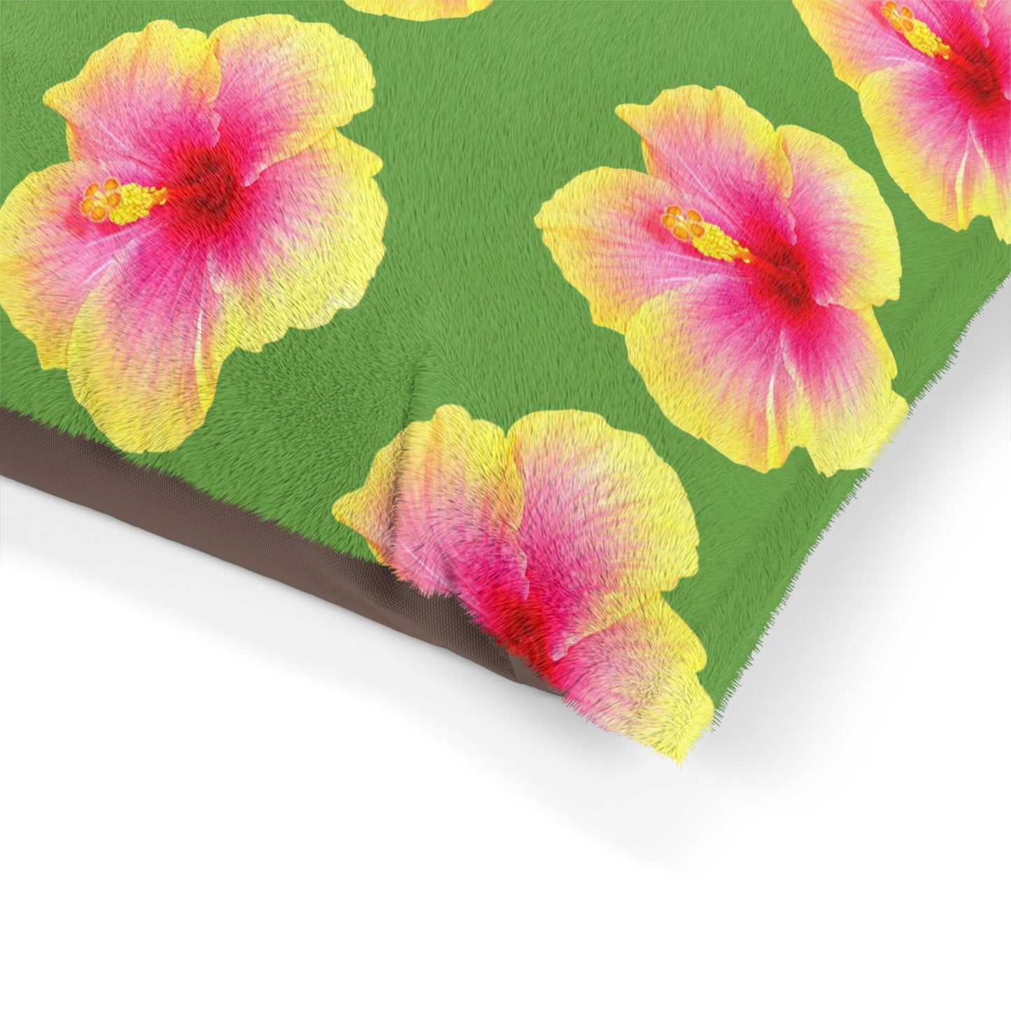 Pet Bed - Cozy and Fun Dog or Cat Bed for Beach Lovers / Real Yellow & Pink Hibiscus/Lt. Green