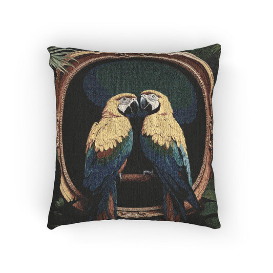 Woven Pillow, 17"W x 18"L - Framed Parrot Pair