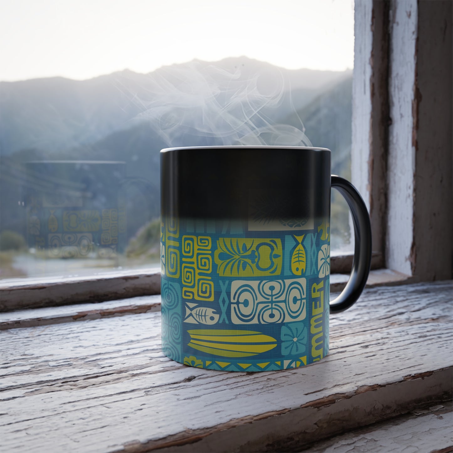 Color Morphing Mug, 11oz, Tiki Poster Blue