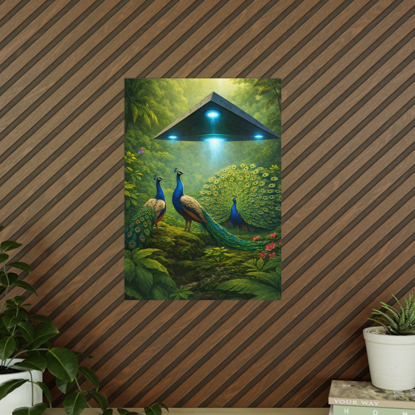 Photopaper Poster — UFO & Peacocks Sci‑Fi Wall Art