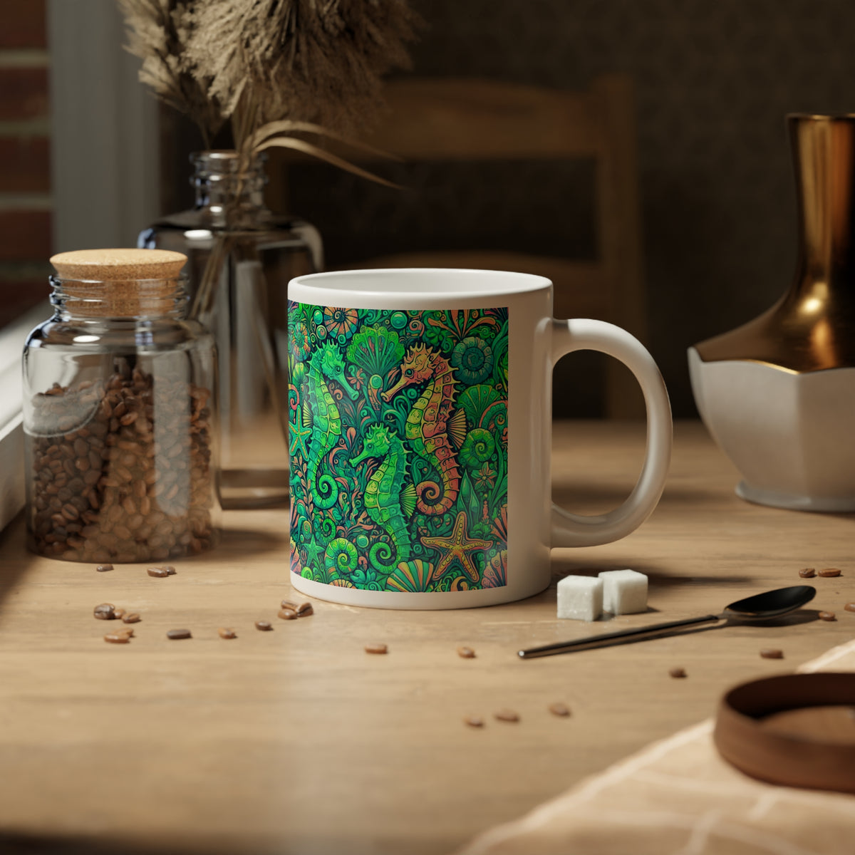 Jumbo Mug, 20oz, Seahorses Lime | Tropical Coffee Cup