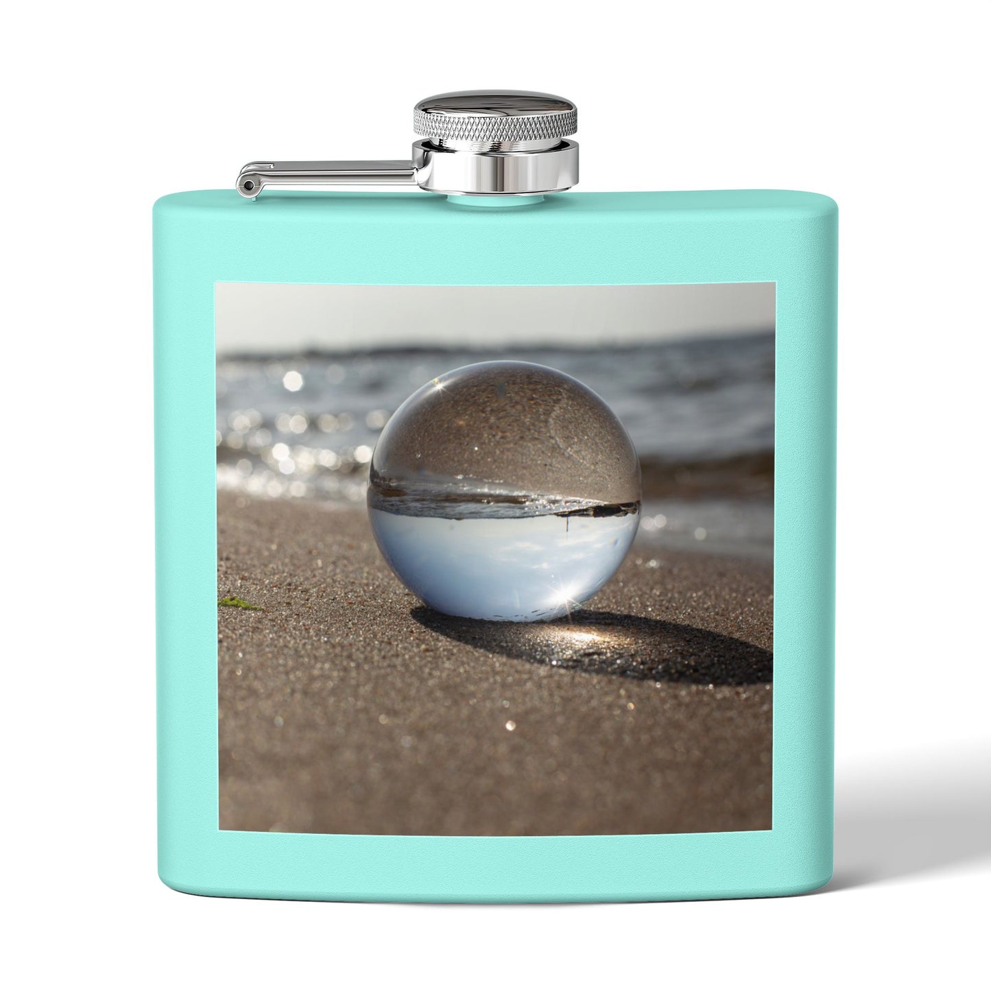 Tropical Stainless Steel 6 oz. Flask, Many Colors  – Crystal Ball on Smooth Beach