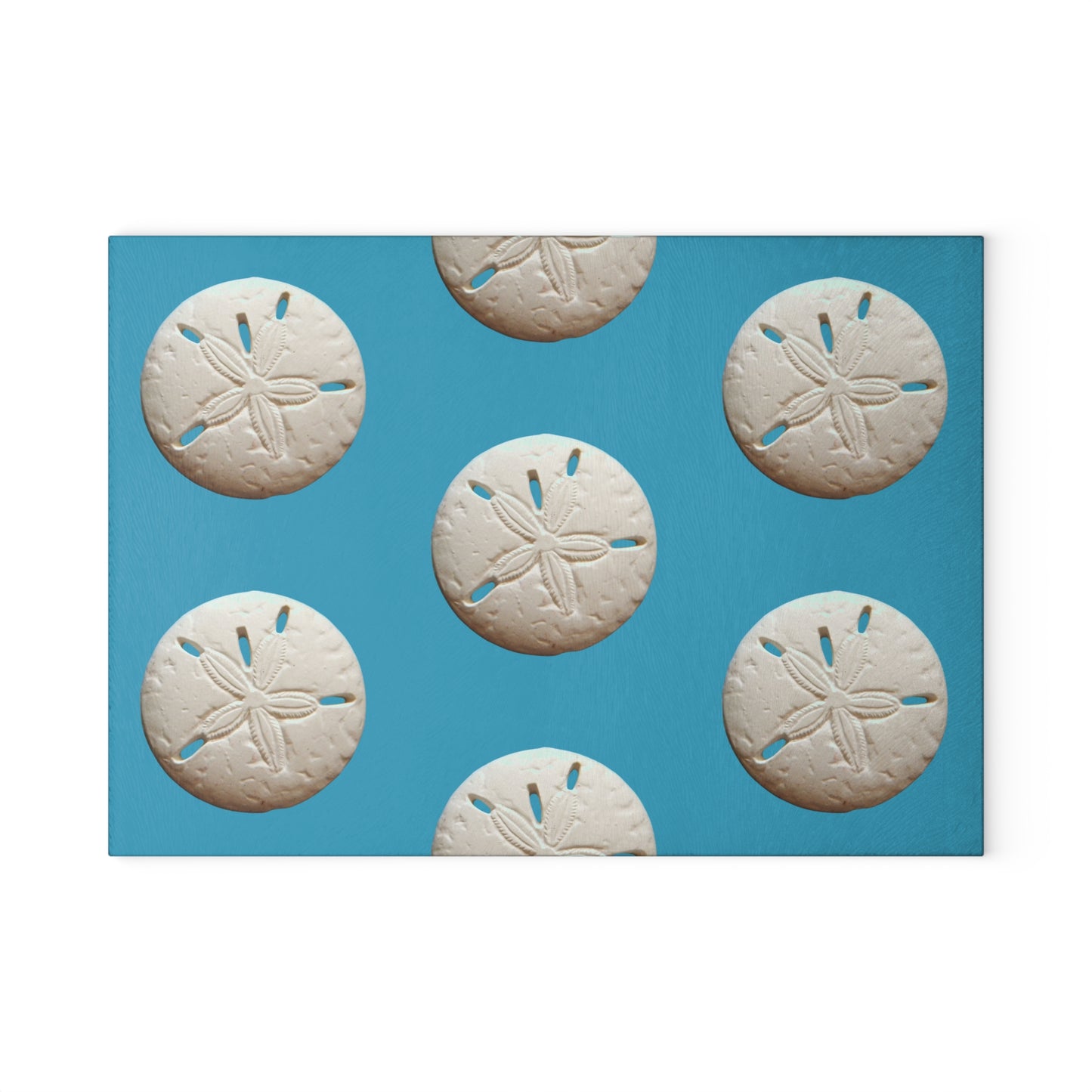 Glass Cutting Board, 2 sizes - White Sand Dollar/Turquoise