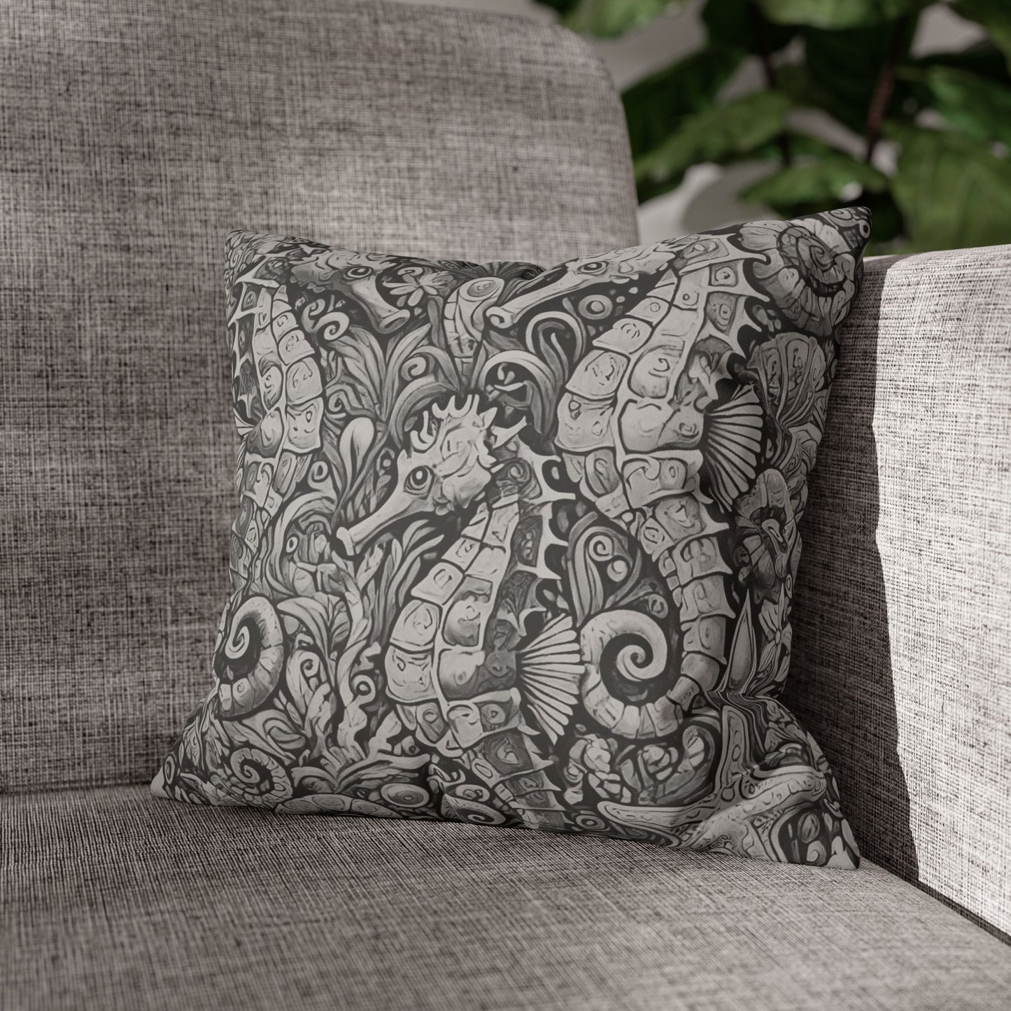 Faux Suede Square Pillowcase - Seahorse Trio, Noir