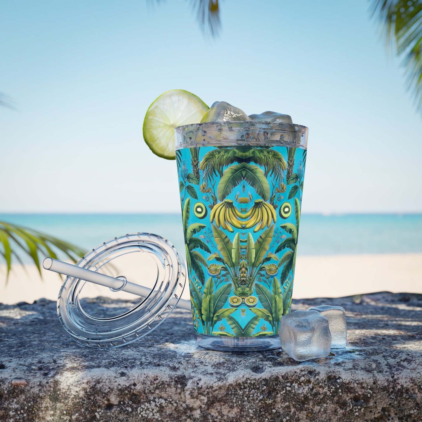 Tropical Tumbler with Straw | 16oz Colorful Travel Cup / More Tropical Fruit, Aqua Blue