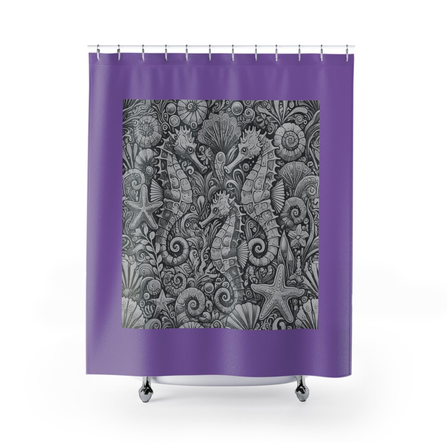 Tropical Shower Curtain - Ocean Bathroom Decor / Seahorse Trio Noir/Lt. Purple