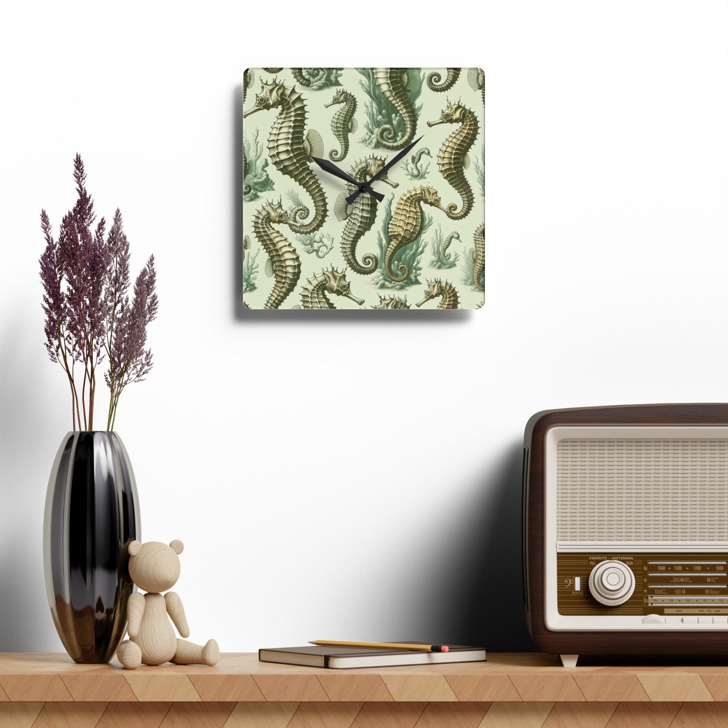 Acrylic Wall Clock, Green Toile Seahorses