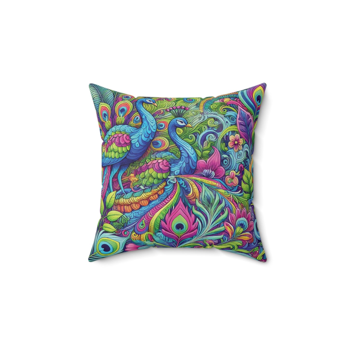 Spun Polyester Square Pillow - Rainforest Peacocks Pop
