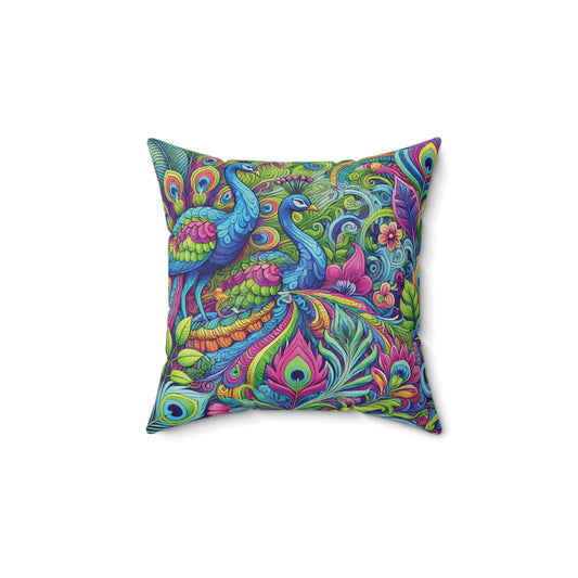 Spun Polyester Square Pillow - Rainforest Peacocks Pop