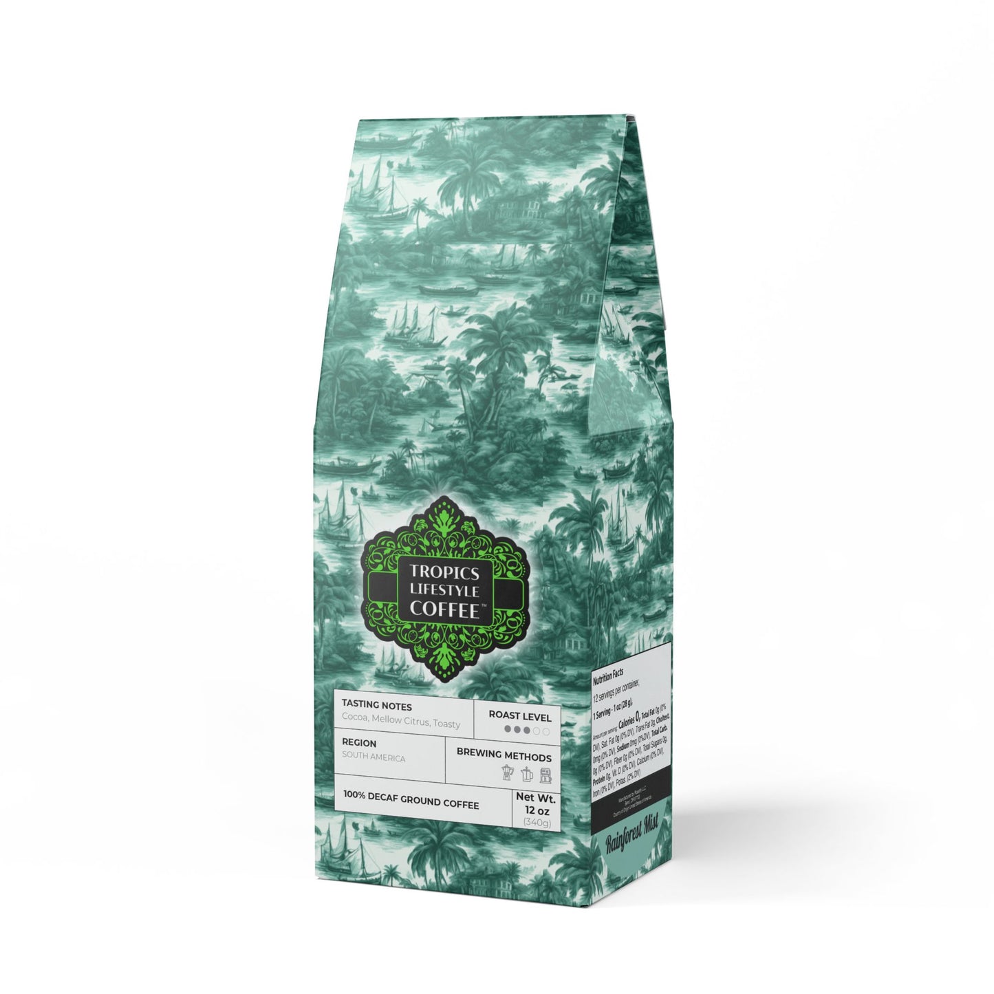 Rainforest Mist™ Single Origin DECAF (Medium Roast), Specialty Grade Craft Coffee / Tropical Toile, Evergreen