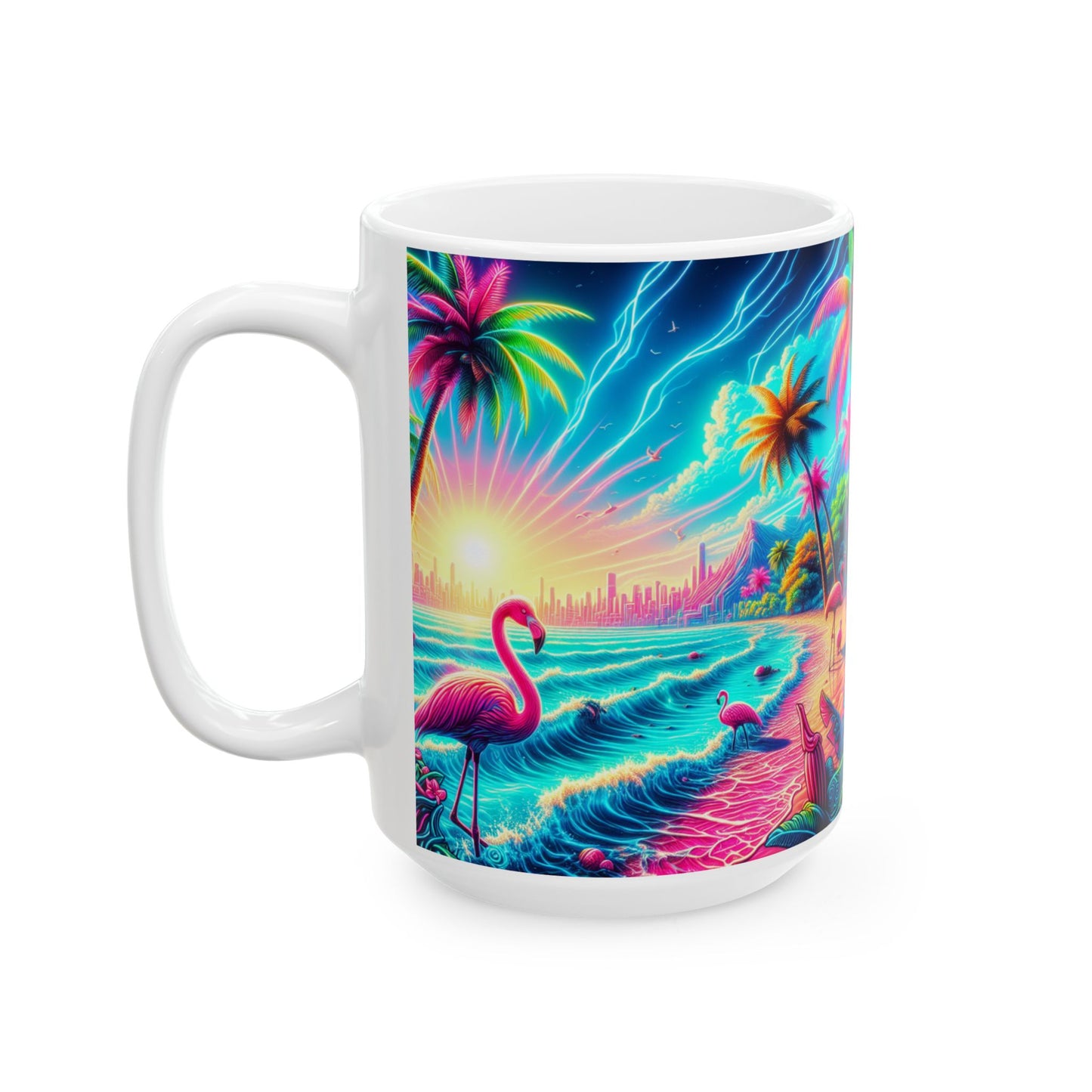 Ceramic White Mug - 11oz & 15oz, / Pop Art Flamingo Beach