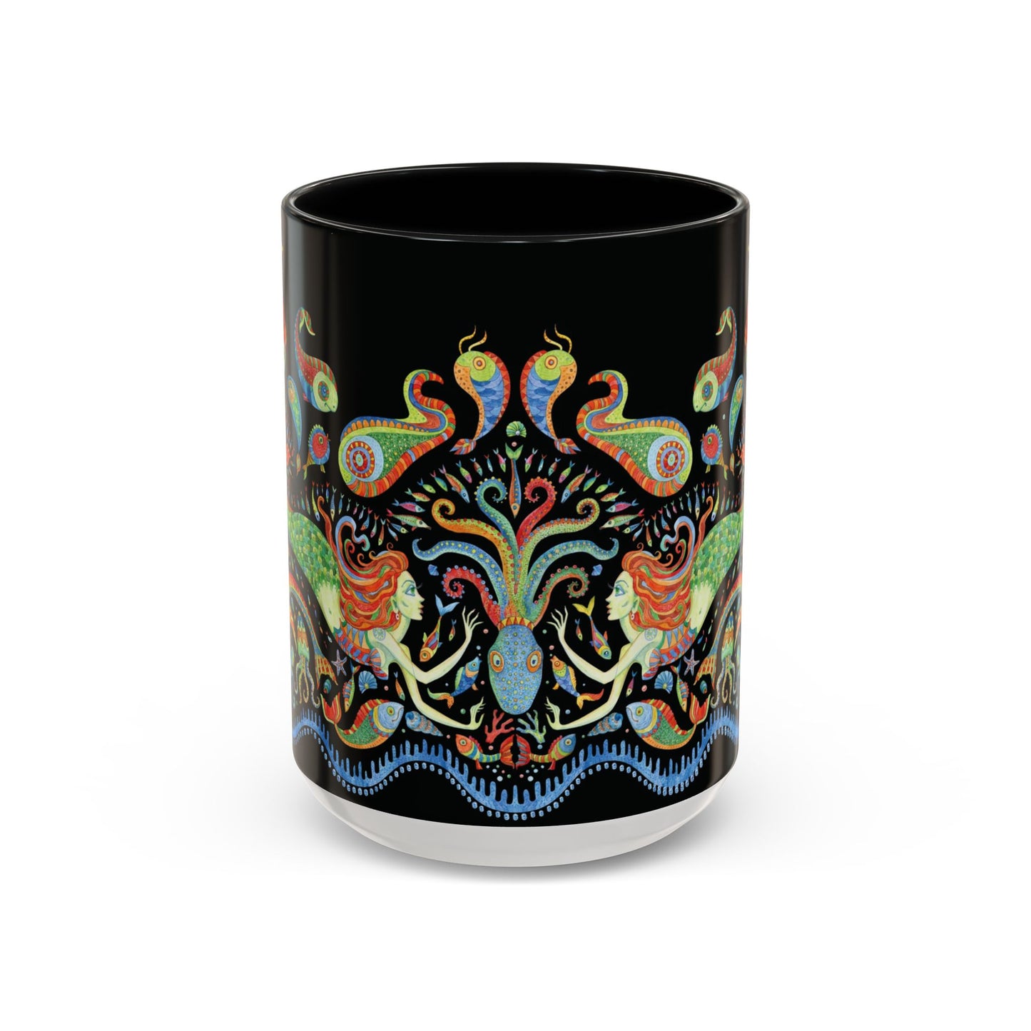 Mermaid Kingdom/Black, Coffee Mug, 8 Colors - Fun Tropical Drinkware for Beach Vibes